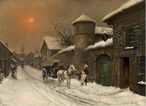 L'arrivee A L'auberge Sous La Neige. by Theodore Levigne