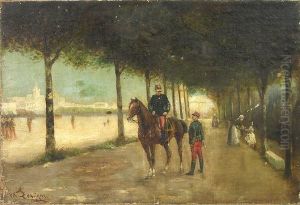 "officier A Cheval Devant La Place D""arme". by Theodore Levigne