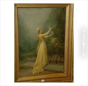 Jeune Femme Cueillant Des Fleurs by Theodore Levigne