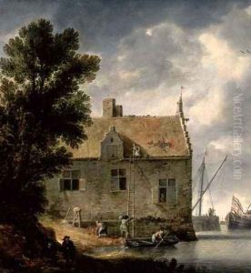 Builders repairing a House by a river