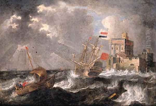 A Dutch threemaster and a wijdschip offshore in a gale, a fortified castle beyond - view 1