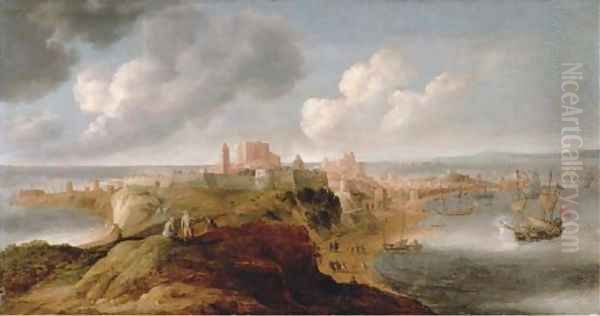 A fortified port on a promontory, an English frigate firing a salute - view 1