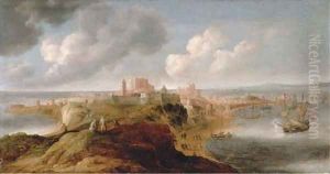 A fortified port on a promontory, an English frigate firing a salute