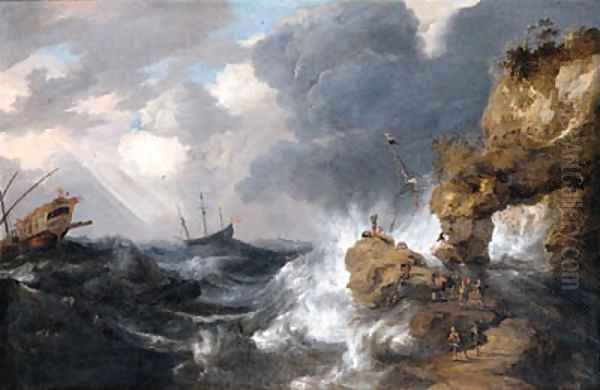 A whaler shipwrecked off a rocky coast in a gale, with a whale rising in the sea, other shipping and survivors on an outcrop in the foreground - view 1