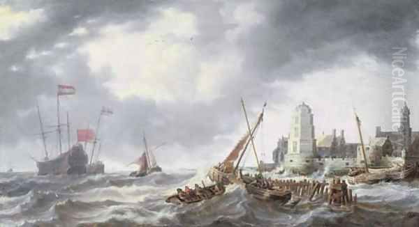 Frigates, smalschips and other shipping in a stiff breeze off a port - view 1