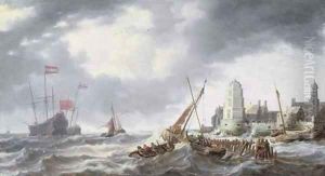 Frigates, smalschips and other shipping in a stiff breeze off a port by Bonaventura, the Elder Peeters