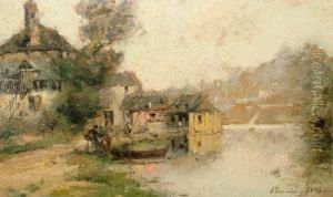 Figures With A Boat On A River Shore With Cottagesbeyond