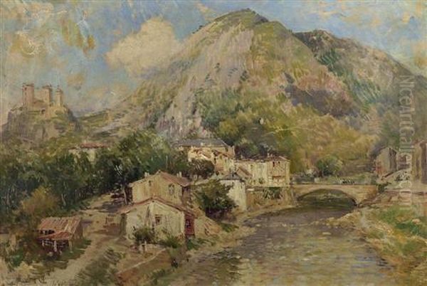 Mediterrane Gebirgslandschaft Mit Einem Dorf Am Fluss. - view 1