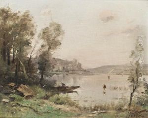 On The Seine; A Punt On The Seine, With A Town Beyond by Maurice Levis