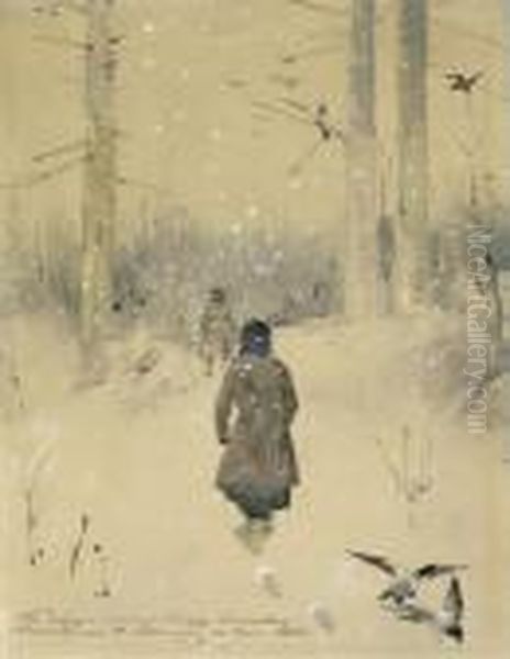 Hunters Trekking Through A Winter Landscape - view 1