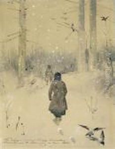 Hunters Trekking Through A Winter Landscape Hunters Trekking Through A Winter Landscape