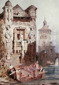 Figures in a boat with buildings