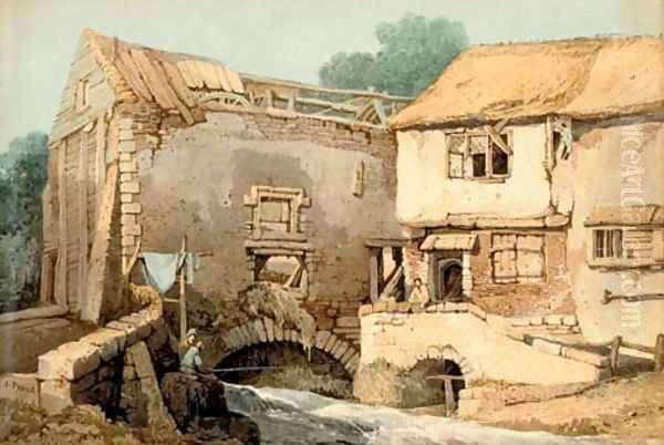 Anglers fishing before a derelict watermill - view 1