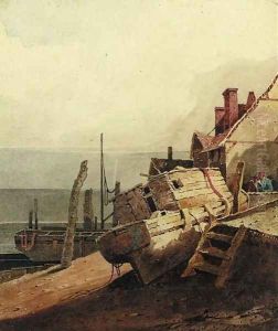 A beached fishing vessel, with fishermen beyond by Samuel Prout