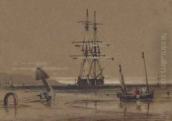 A trading brig at anchor off the coast - view 1