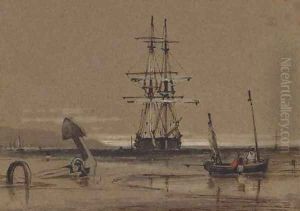 A trading brig at anchor off the coast