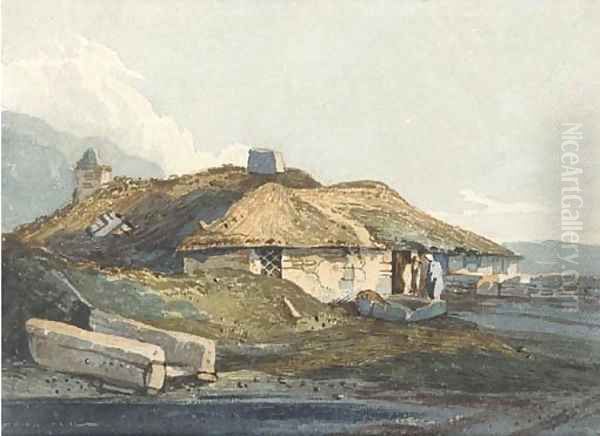 Figures before a thatched cottage, Devon - view 1