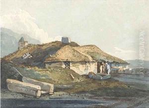 Figures before a thatched cottage, Devon by Samuel Prout