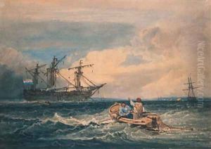 Figures In A Fishing Boat Approaching An Anchored Man-O-War