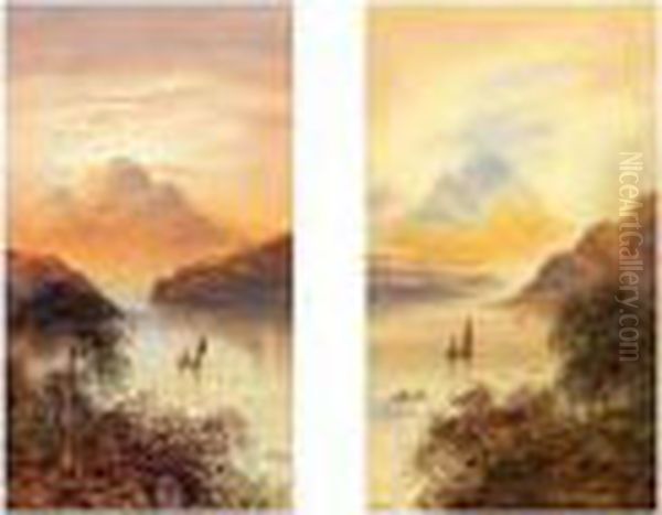 Lake Scenes, Boats, Mountains In Distance - view 1