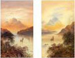 Lake Scenes, Boats, Mountains In Distance by Edmund Darch Lewis