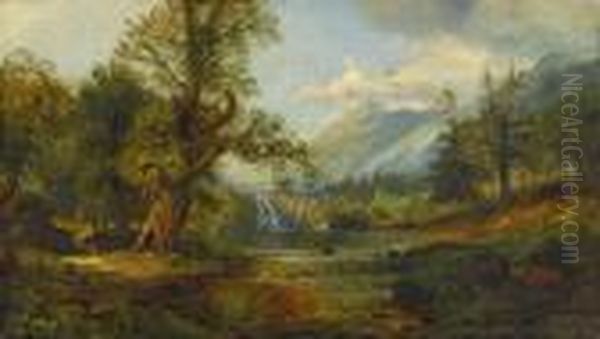 Figures On A Path, A Waterfall In The Distance - view 1