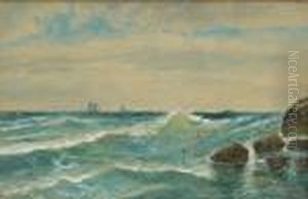 Rocky Seascape With Distant Ships - view 1
