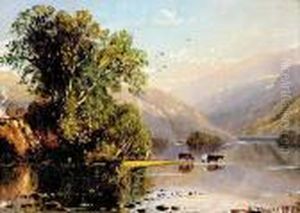 Pennsylvania Cows Watering In A
 Stream Oil On Canvas, Framed, Signed &amp; Dated: Lower Right, 1879 H7"
 W10"