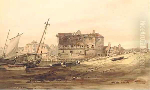 Shipping Vessels beached by an old wharf with a town beyond - view 1
