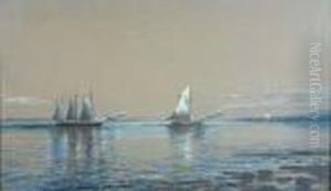 Two Ships At Sea With A Lighthouse In The Distance by Edmund Darch Lewis