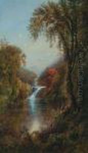 ''fishing At Fish Rock Falls In Autumn,- Adirondacks''