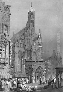 Figures At A Market Before A Continental Cathedral by Samuel Prout