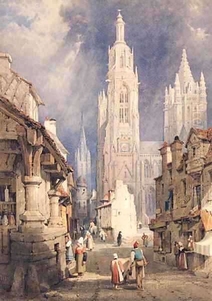 Figures in a busy Continental Street, thought to be the Rue Saint Malo - view 1