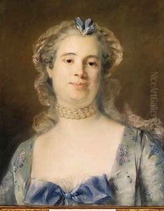 Portrait of Madame Chevotet, bust-length wearing a pale green silk dress with a blue ribbon, a laced bonnet and a pearled necklace by Jean-Baptiste Perronneau