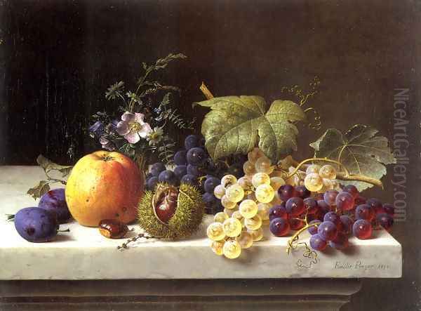 Grapes Plums Etc. On A Marble Ledge - view 1