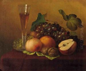 An autumn still life with grapes, walnuts, a glas of wine and a pear by Emilie Preyer