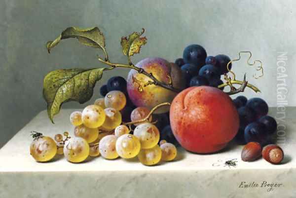 Peaches and grapes on a marble ledge - view 1
