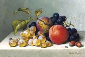 Peaches and grapes on a marble ledge by Emilie Preyer