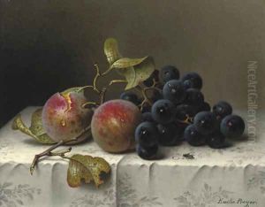 Prunes and grapes on a damast tablecloth by Emilie Preyer