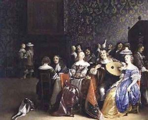 Elegant company merrymaking in an interior by Anthonie Palamedesz