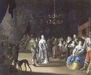 The Banquet, a couple dancing with feasting and revelling in the background by Anthonie Palamedesz