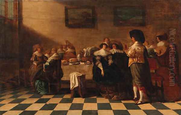 A servant offering a glass of wine to an elegant couple sitting by a table laden with pastries, other company nearby, in an interior - view 1