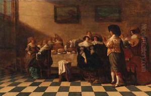 A servant offering a glass of wine to an elegant couple sitting by a table laden with pastries, other company nearby, in an interior A servant offering a glass of wine to an elegant couple sitting by a table laden with pastries, other company nearby, in an interior
