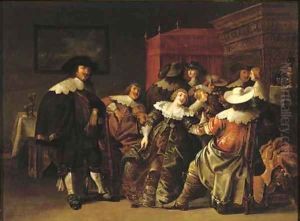 An elegant company making merry in an interior by Anthonie Palamedesz