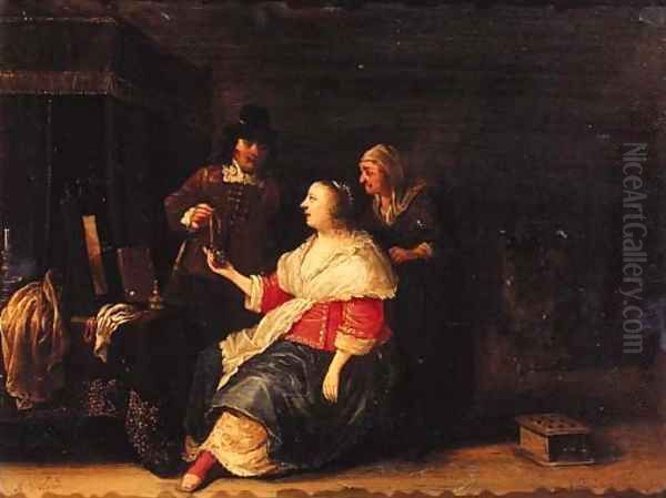 A gentleman offering a piece of jewelery to a woman in interior - view 1