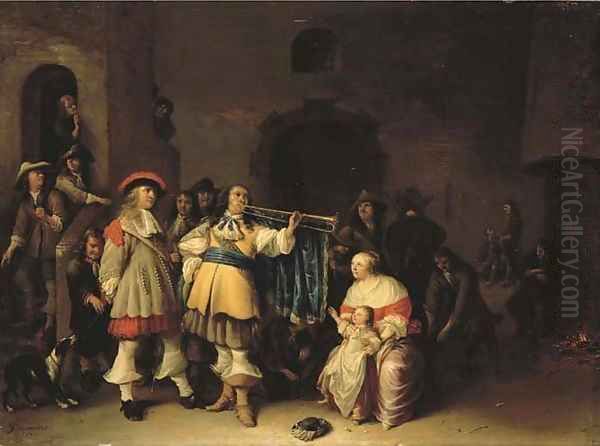 A guardroom interior with an officer sounding a trumpet before a mother and child - view 1