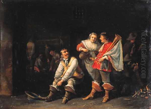 An officer pulling on his boot as a maid serves drink to a trumpeter in a guardroom - view 1