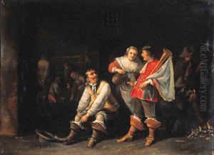 An officer pulling on his boot as a maid serves drink to a trumpeter in a guardroom An officer pulling on his boot as a maid serves drink to a trumpeter in a guardroom