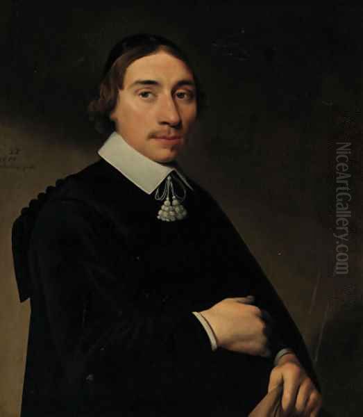 Portrait of a gentleman, aged twenty-eight, half-length, in a black gown and a black skull cap, his coat in his left hand - view 1