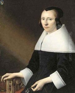 Portrait of a lady, aged 38, half-length, in a black dress with a white falling collar and cuffs, a medallion of a man, bust-length by Anthonie Palamedesz